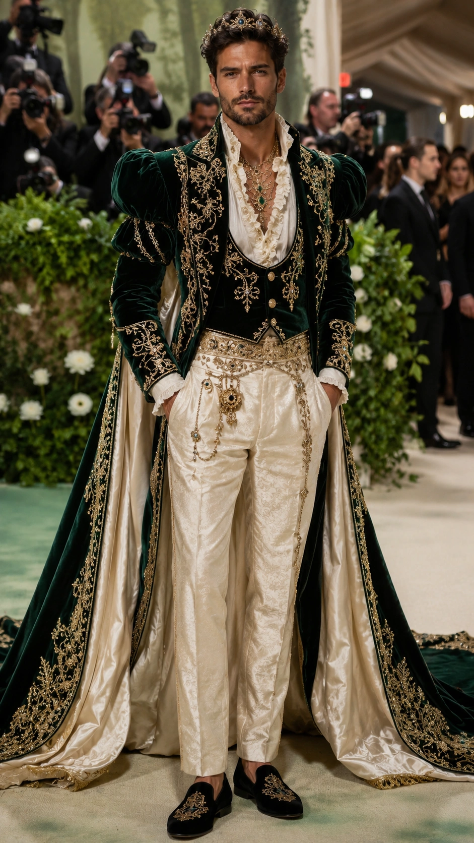 Met Gala-inspired royal Renaissance couture portrait with emerald velvet, gold embroidery, and a regal cape