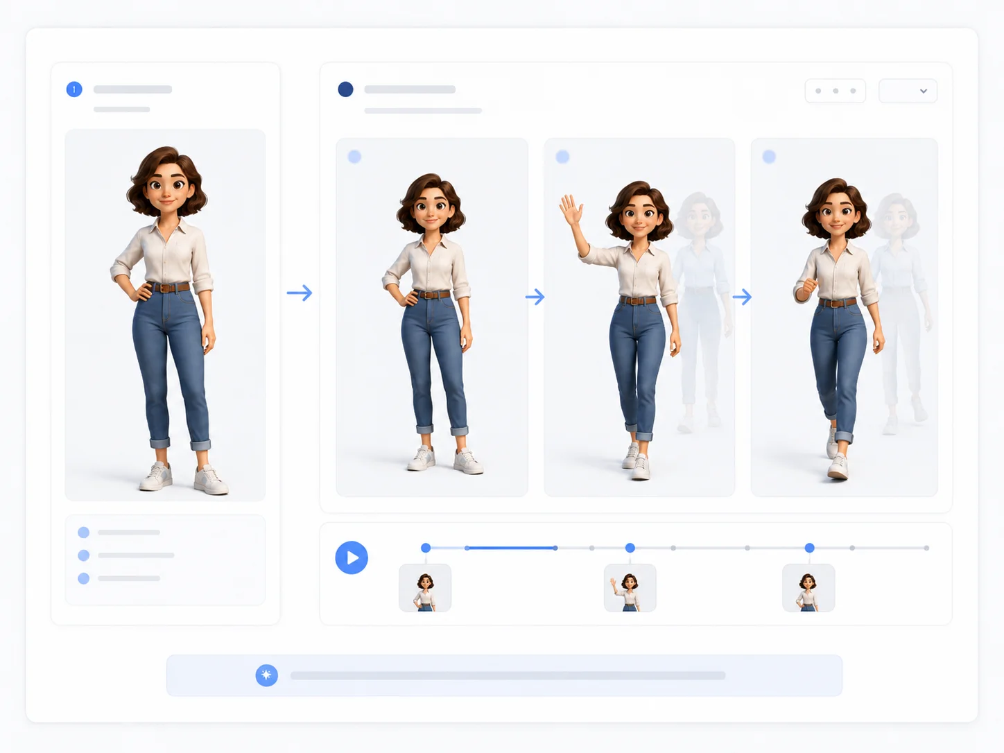 Character animation workflow turning one still image into motion frames