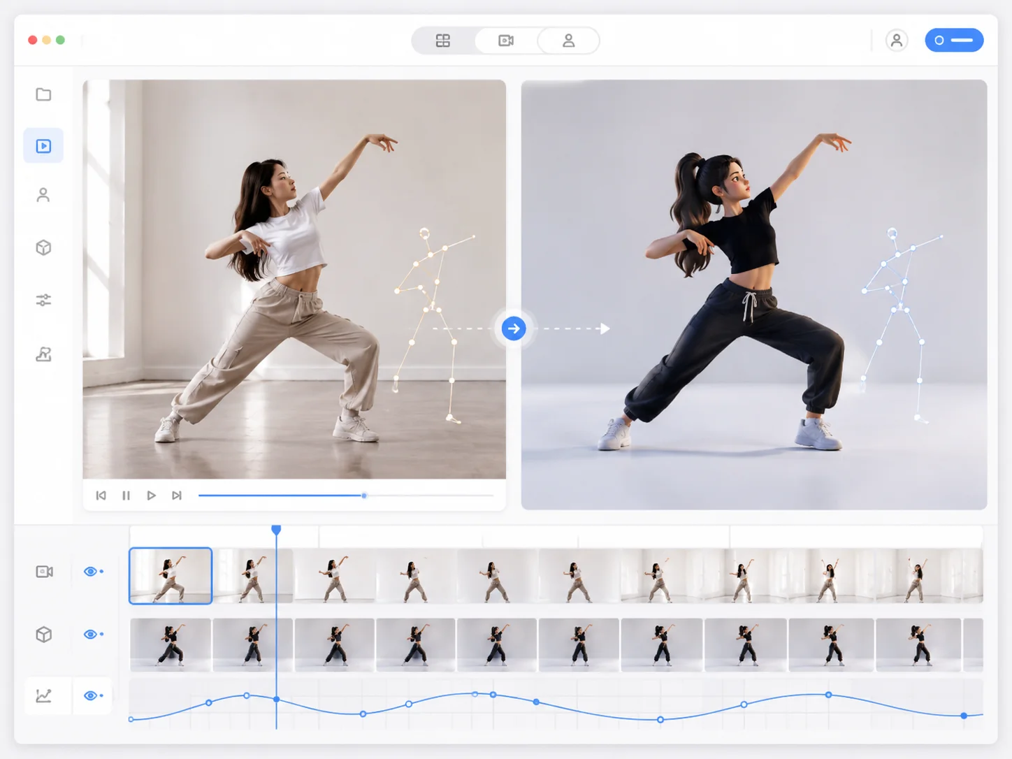 Dance motion transfer example showing a character following a reference performance