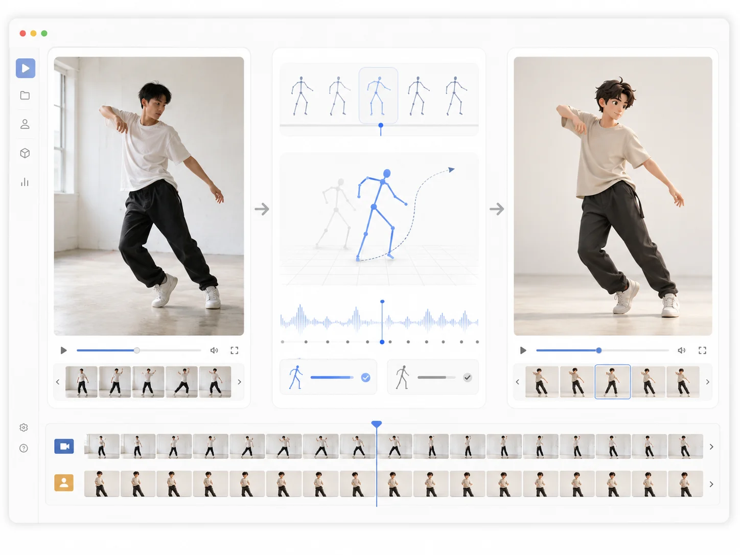 Reference-based video editing workflow with a source clip and generated motion result