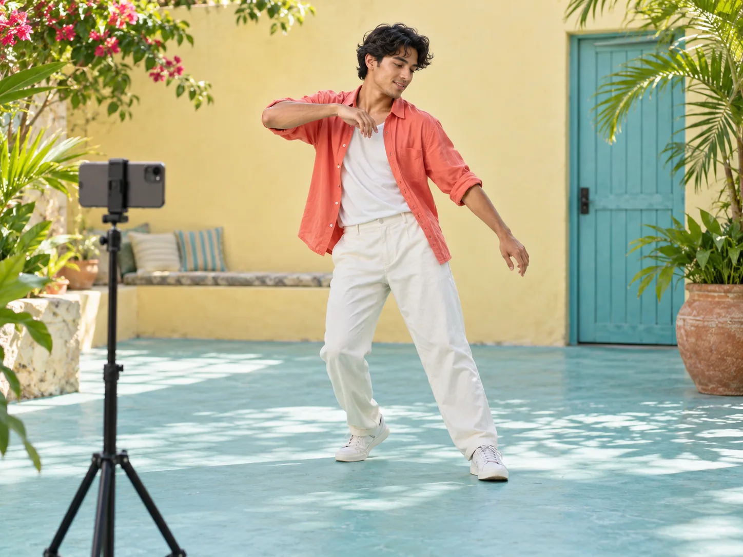 A performer practicing a freestyle gesture in a bright courtyard with a phone on a tripod