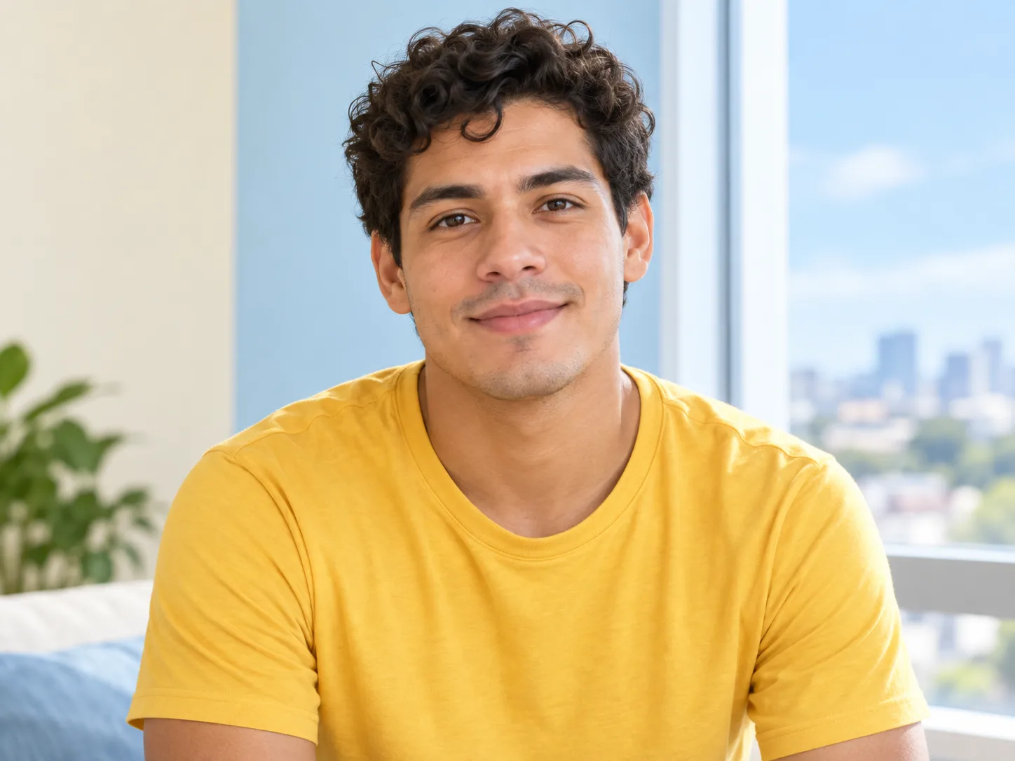A clear chest-up portrait with visible hair and shoulders, photographed in soft daylight