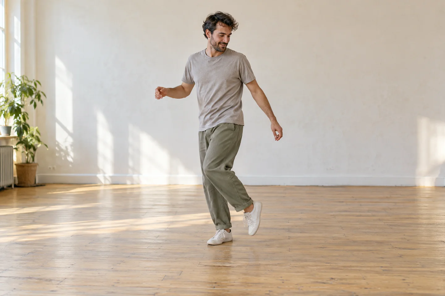 Dance framing illustration with a man taking a small tiptoe step, showing the full body and clear space around his shoes